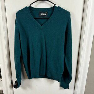 Reformation teal distressed super soft v-neck sweater.  Repurposed. Sz S